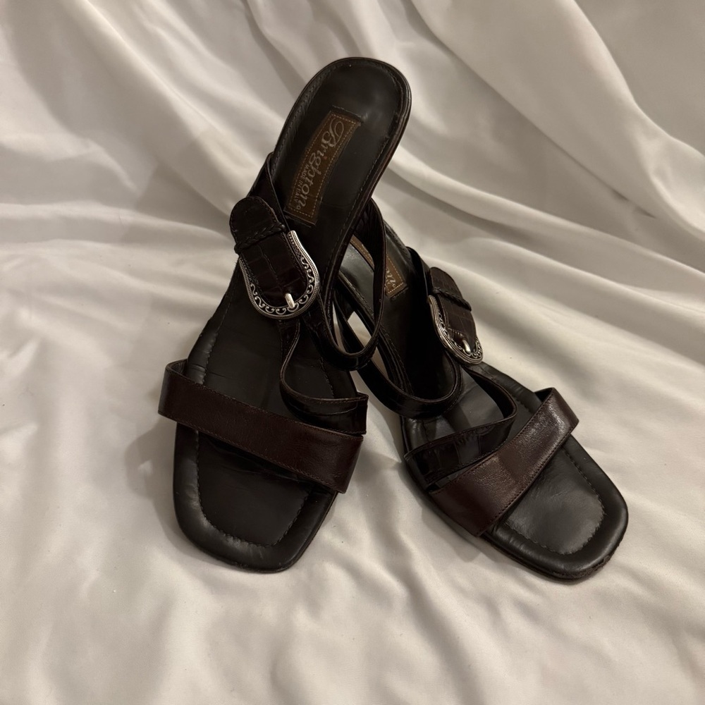 EUC Brighton Rusty Strappy Heeled Sandals with Silver Plated Ornate Buckles
